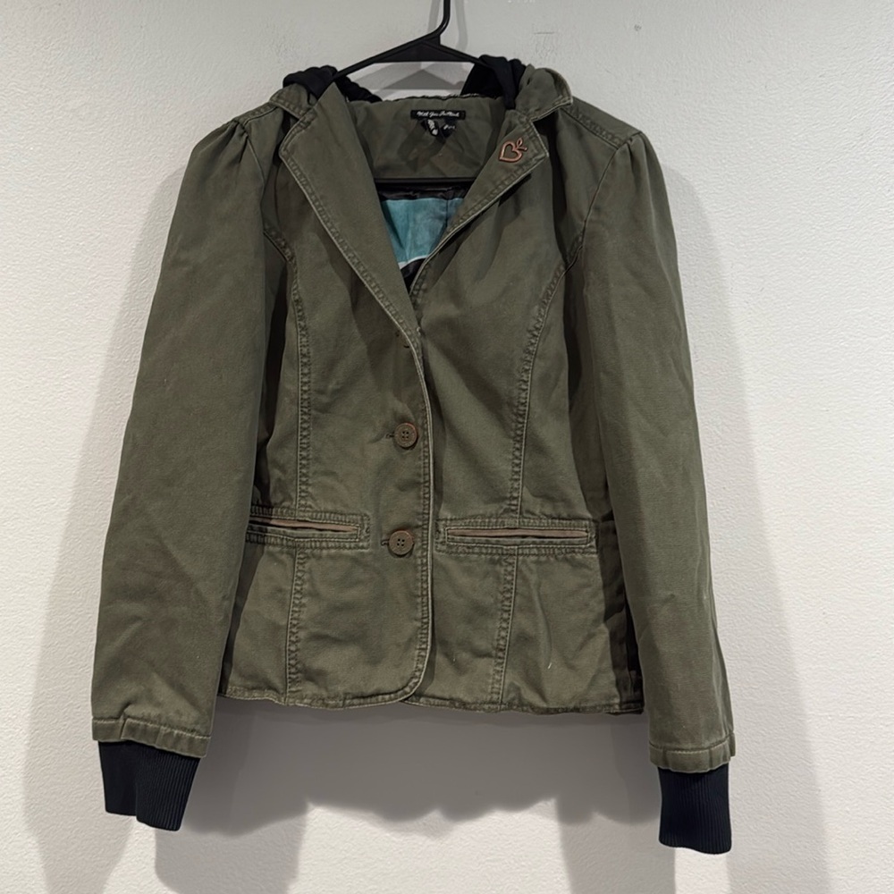 Zoo York Dark Army Green Button Up Denim Jacket with Hood - Size Small